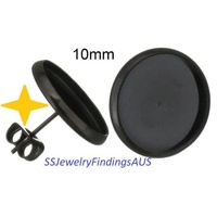 2 Pairs 10mm Black Tone Stainless Steel Cabochon Setting Earring Stud Posts and Ear nuts Hypoallergenic Tarnish Resistant