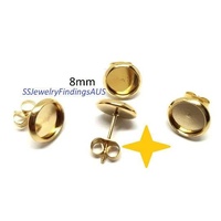 5 Pairs 8mm Gold Vacuum Plated Stainless Steel Cabochon Setting Earring Stud Posts and Ear nuts Hypoallergenic Tarnish Resistant