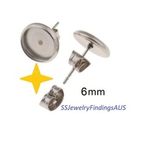 10 Pairs 6mm Stainless Steel Cabochon Setting Earring Stud Posts with Tension Locking nuts Hypoallergenic Tarnish Resistant