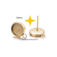 2 Pairs 12mm Gold Vacuum Plated Stainless Steel Cabochon Setting with Loop Earring Stud Posts and Ear nuts Hypoallergenic Tarnish Resistant