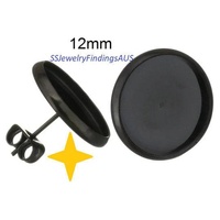 2 Pairs 12mm Black Tone Stainless Steel Cabochon Setting Earring Stud Posts and Ear nuts Hypoallergenic Tarnish Resistant