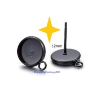 2 Pairs 12mm Black Tone Stainless Steel Cabochon Setting Earring Stud Posts with loop and Silicon nuts Hypoallergenic Tarnish Resistant