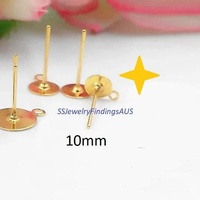 10 Pairs Stainless Steel Gold Plated 10mm Pad Stud Post with 2mm Side Loop with Tension locking nuts Hypoallergenic Tarnish Resistant