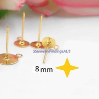 5 Pairs Stainless Steel Gold Plated 8mm Pad Stud Post with 2mm Side Loop with Tension locking nuts Hypoallergenic Tarnish Resistant