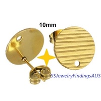 3 Pairs Stainless Steel Gold Plated Stud Earring Textured Pad with 1mm hole " Linear Lines Design" 10mm Hypoallergenic Tarnish Resistant