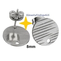 3 Pairs Stainless Steel Stud Earring Post Textured Pad with 1mm hole "Linear Lines Design" 8mm Hypoallergenic Tarnish Resistant