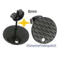 3 Pairs Stainless Steel Black Tone Stud Earring Post Textured Pad with 1mm hole "Horse Eye Design" 8mm Hypoallergenic Tarnish Resistant