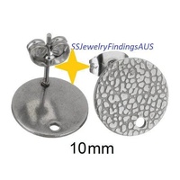 4 Pairs Stainless Steel Stud Earring Post Textured Pad with 1mm hole "Crazy Rocks Design" 10mm Hypoallergenic Tarnish Resistant