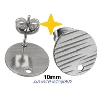 5 Pairs Stainless Steel Stud Earring Post Textured Pad with 1mm hole "Linear Lines Design" 10mm Hypoallergenic Tarnish Resistant