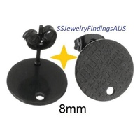 3 Pairs Stainless Steel Black Tone Stud Earring Post Textured Pad with 1mm hole "Squiggle Design" 8mm Hypoallergenic Tarnish Resistant
