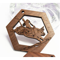 2 x 50mm Bucking Bull Rider Cut Out Hex Earring Pendant Set  - Walnut  Western  -  Country Style