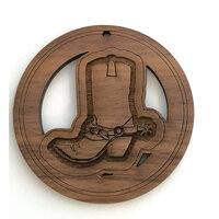 2 x Large Round - Cowboy Boot Cut Out Pendant Set  - Walnut  Western  50mm