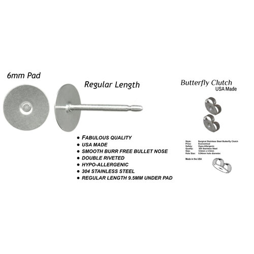 3mm Pad USA Surgical Stainless Steel Studs with Clutch Variations - Standard  Length Post Hypoallergenic Surgical Steel
